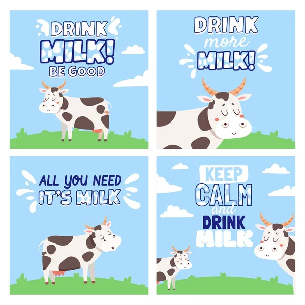 Пей коровье молоко. Плакаты с сельским пейзажем, полем, коровами, брызгами и цитатами из питьевого молока. Векторные баннеры сельскохозяйственных животных и молочных продуктов — стоковый вектор