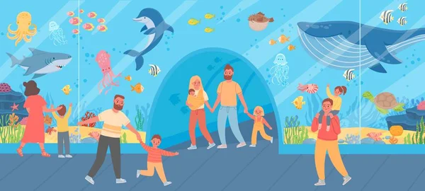 Family in oceanarium. Parents and kids look at big glass aquarium with ocean fish and sea animals. Underwater zoo excursion vector concept