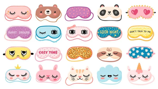 Máscaras para soñar. Máscara de noche con ojos de chica linda, citas para dormir, panda, oso y caras de gato. Caricatura animal máscara para pijama impresión vector conjunto — Vector de stock