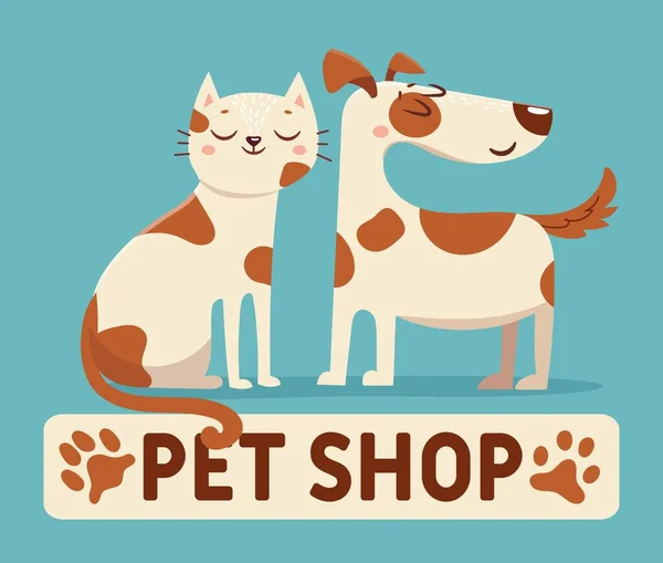 Katze und Hund. Cartoon-Zoo- oder Tierarztgeschäft-Logo mit glücklichen Tieren. Freunde Kätzchen und Welpe zusammen. Tierärztliches Etikettendesign — Stockvektor