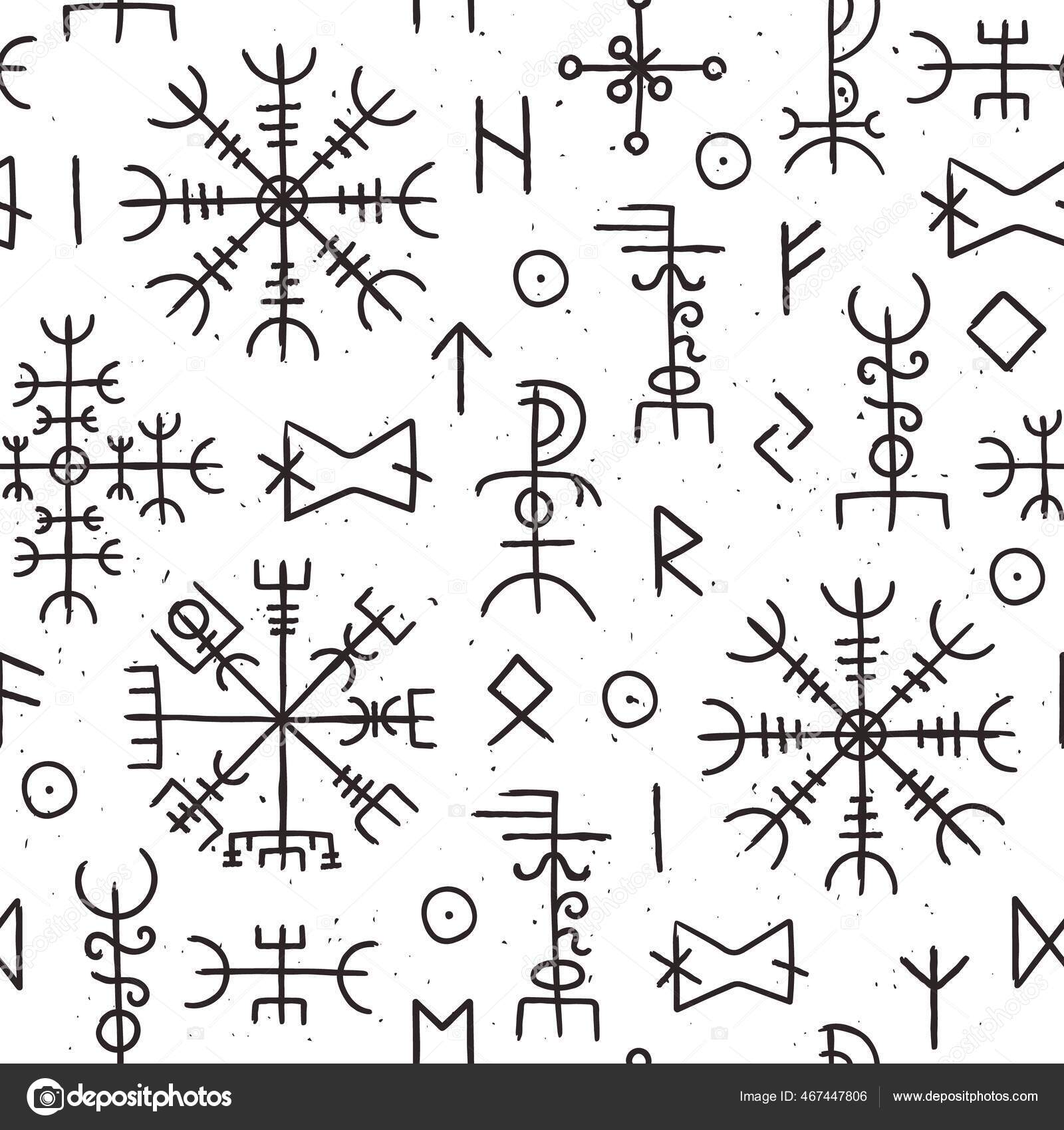 Viking runes and symbols collection.Hand drawn isolated set of