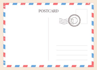 Postcard template. Paper blank postal card backside with stamp and striped frame. Empty vintage mail white letter for message vector mockup clipart
