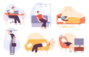 Sleepy people. Tired, lazy and sleeping man and woman at home, in bed, in transport, office worker. Bored and burnout adults flat vector set