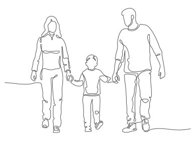 Continuous line family. Happy mother, father and child walking. Linear silhouette of couple with kid. Family protect outline vector concept
