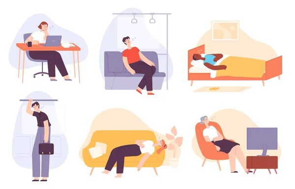 Sleepy people. Tired, lazy and sleeping man and woman at home, in bed, in transport, office worker. Bored and burnout adults flat vector set — Vettoriale Stock