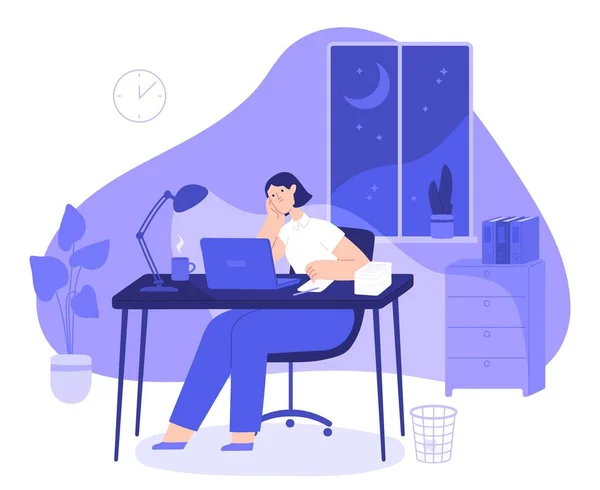 Woman work late at night. Tired female freelancer busy at computer overnight in home office with desk. Employee overtime work vector concept — Stock Vector