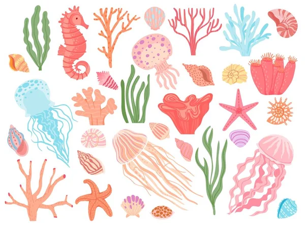 Ocean elements. Cartoon seaweeds, corals, seashells and reef animals. Sea starfish, seahorse and jellyfish. Nautical decorative vector set — Stok Vektör