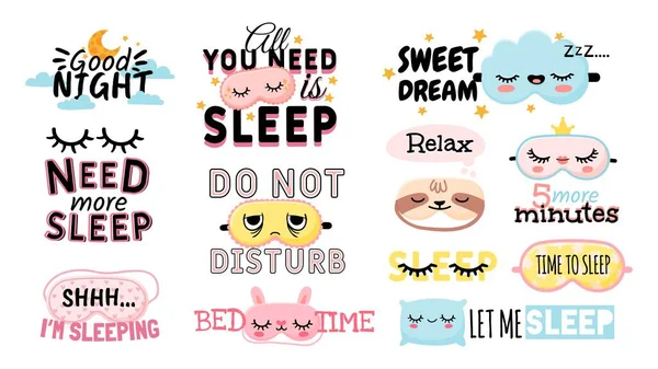 Sweet dream. Sleeping slogan and good night elements cute eye mask, pillow, moon and clouds. Posters for bedroom or pajama prints vector set —  Vetores de Stock