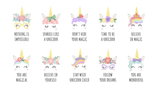 Unicorn quotes. Magic fairy horse with horn faces and motivational phrase. Girl print with slogan follow your dreams and believe vector set — Stock vektor