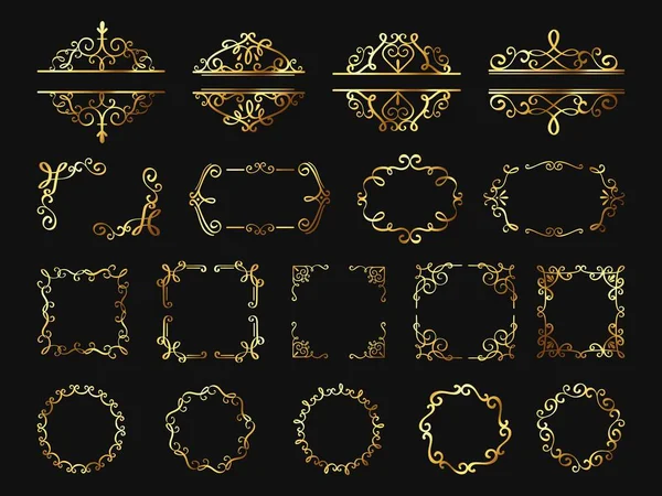 Retro golden frames. Vintage gold borders and corners, classic ornament element. Photo frame, cover, wedding or certificate decor vector set — Stockový vektor