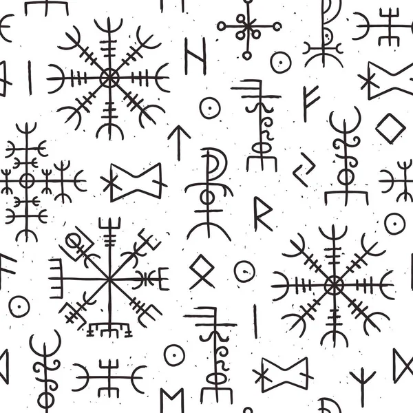 Futhark runes seamless pattern. Norse viking occult symbol design. Iceland esoteric and magic old runic signs. Ancient nordic vector texture — Vettoriale Stock