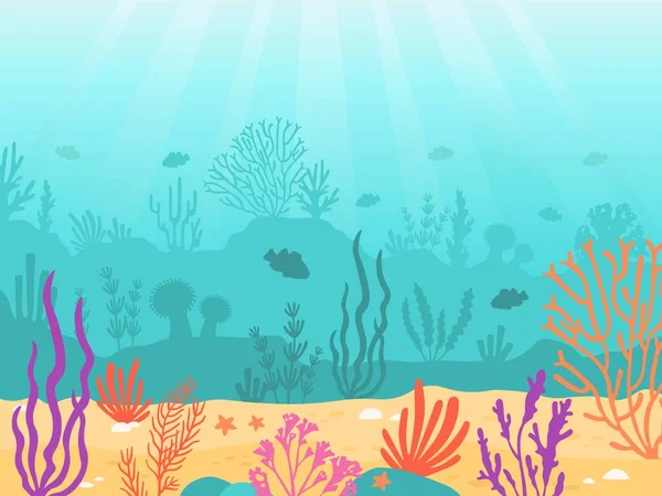 Underwater background. Cartoon seascape with coral reef, sand, seaweed and fish. Ocean bottom scene, deep undersea marine vector landscape —  Vetores de Stock