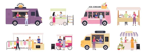 Kiosk vendor. Street tent, cart and truck sell fast food, books, clothes and flowers. Outdoor market with merchants and customers vector set — Stok Vektör