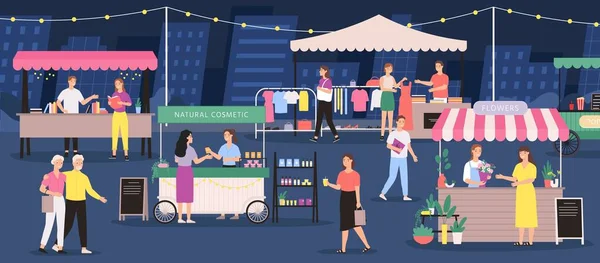 Night market. People on summer outdoor fair. Street festival store, stall, flower, clothes and craft cosmetic shop. City event vector banner