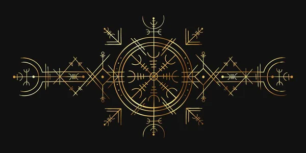 Símbolo mágico vikingo. Adorno esotérico dorado, amuleto de brújula nórdica. Runa de hechizo pagano nórdico para tatuaje. Patrón oculto círculo de oro vector — Vector de stock