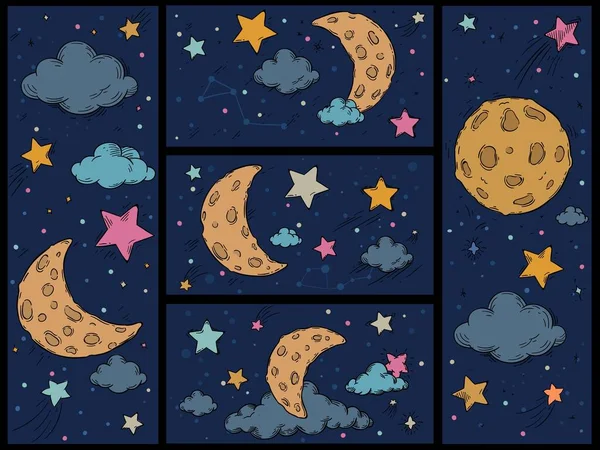 Cielo nocturno de dibujos animados. Impresión dibujada a mano con estrellas, luna y nubes. Patrón espacial infantil para dormir con galaxia estrellada, fondos vectoriales establecidos — Archivo Imágenes Vectoriales
