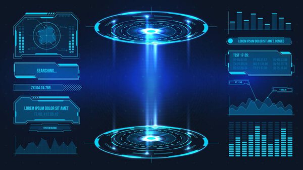 Futuristic platform. Hologram podium and digital data graphs and frames for product stand or game UI. Future technology sci fi vector stage