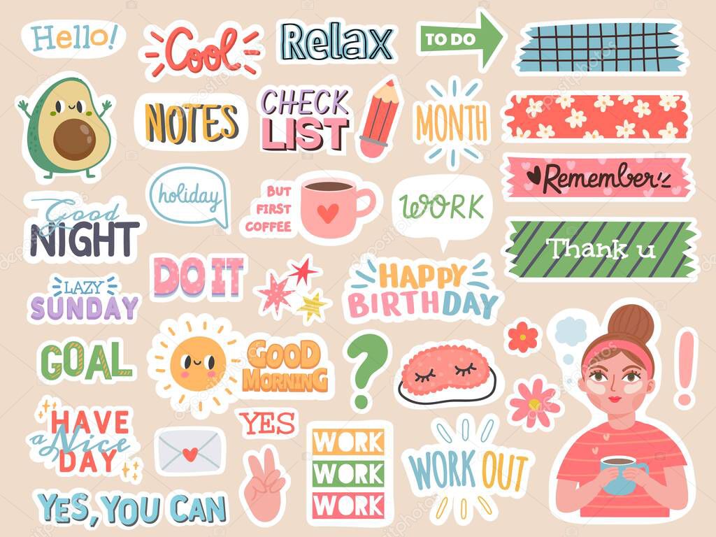 Planner stickers. Cartoon characters and motivation notes for diary, to do list or scrapbook decoration. Organizer journal words vector set