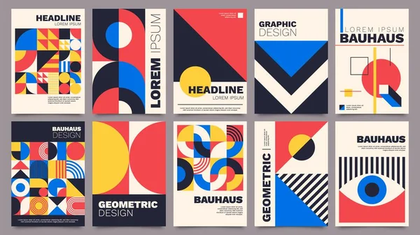 Carteles geométricos. Bauhaus plantillas de cubierta con geometría abstracta. Arquitectura retro formas mínimas, formas, líneas y ojo diseño vector conjunto — Archivo Imágenes Vectoriales