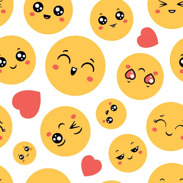 Emoticons padrão sem costura. Emoji rostos felizes para design de impressão engraçado. Emoticon dos desenhos animados, símbolos de mensagens e ícones sorridentes, papel de parede vetorial — Vetor de Stock