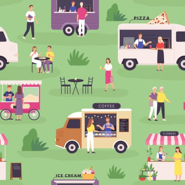 Yemek kamyonu kusursuz. Yaz festivali ve insanlar fast food, pizza ve kahveyi kamyonetlerde ya da arabalarda alıyorlar. Açık pazar vektör baskısı