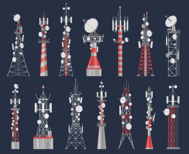 Anten kuleleri. Kablosuz sinyalle cep telefonu iletişimi için radyo istasyonu. Mobil internet vektör kümesi için telekom ağı inşaatı