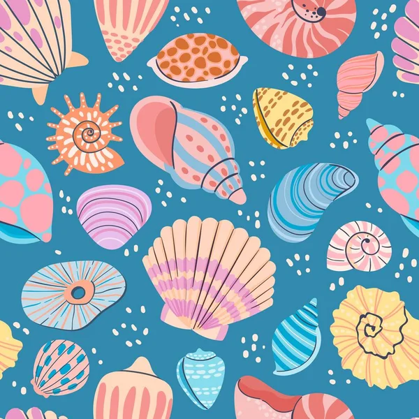 Patrón sin costuras de concha. Estampado oceánico de verano con conchas de almejas, ostras, vieiras y mariscos. Molusco marino conchas vector fondo de pantalla — Vector de stock
