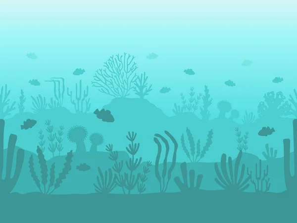 Naadloze oceaanbodem. Onderwater koraalrif silhouet met zeeplanten, vissen en zeewier. Vlakke zeegezicht met onderwater leven vector patroon — Stockvector