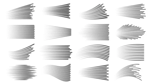 Effetto linee di velocità. Manga a movimento veloce o modelli lineari a fumetti. Orizzontale e ondulato strisce movimento auto o anime azione dinamica set vettoriale — Vettoriale Stock