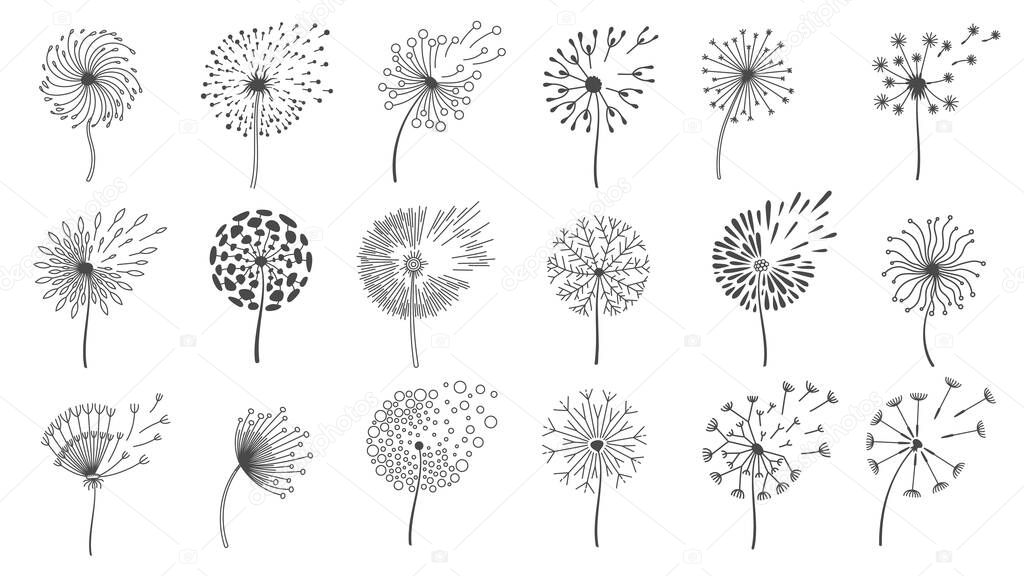 Blowing dandelion seeds. Silhouettes of fluffy wish flowers, spring blossom dandelions blown by wind. Nature floral logo design vector set. Flying various plant buds isolated on white