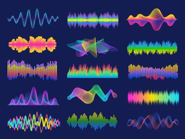 Audio frequency. Neon music sound waves for radio equalizer. Voice recognition for digital assistant. Volume graph line designs vector set clipart