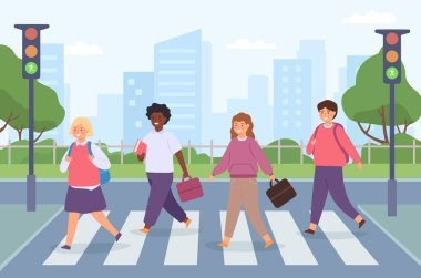 Yoldan geçen çocuklar. Bir grup öğrenci trafik ışıklarıyla yaya geçidinde. Çocuklar okul vektör konseptine giderken yaya zebraları ile kesişiyorlar.