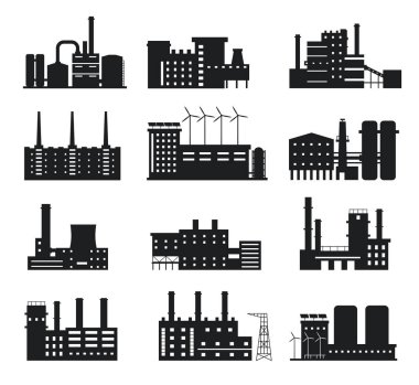 Fabrika silueti. Endüstriyel yapı ikonları. Bacaları, yel değirmenleri ve güneş panelleri logo vektörü seti olan fabrika ve elektrik santrali imalatı