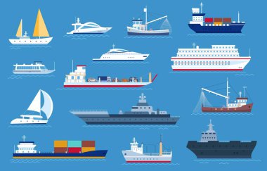 Deniz tekneleri. Balıkçılık ve kargo gemileri, yat, nakliye teknesi, seyir gemisi, sürat teknesi ve askeri savaş gemisi. Yelkenli taşıma vektörü ayarlandı