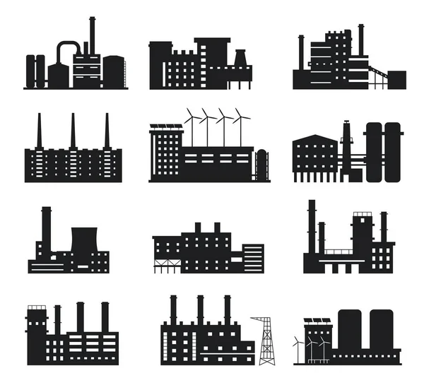 A silhueta da fábrica. Ícones de edifícios industriais. Fábrica e central elétrica com chaminés, moinhos de vento e painéis solares conjunto vetor logotipo —  Vetores de Stock