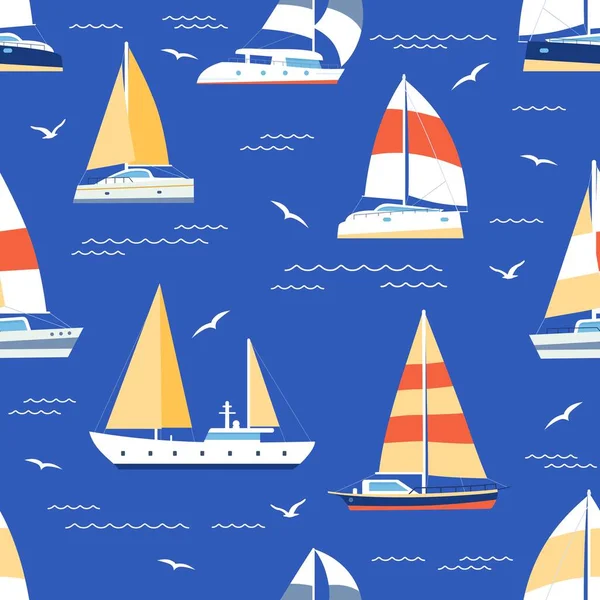 シームレスなパターンをボート。海の上の帆船やヨットと夏の海洋印刷。セーリングレガッタ船青い海での旅行、フラットベクトルテクスチャ — ストックベクタ