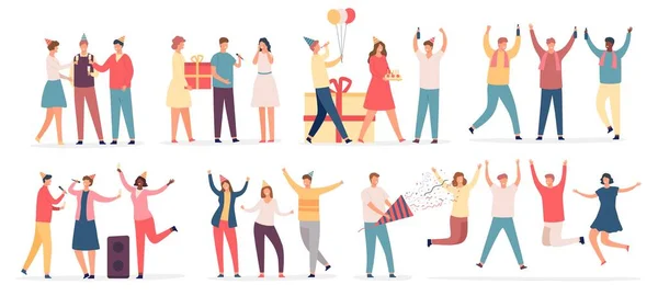 People celebrate birthday. Friend characters dance on party, sing karaoke, hold cake and gift, drink champagne. Flat celebrating vector set. — Stock Vector