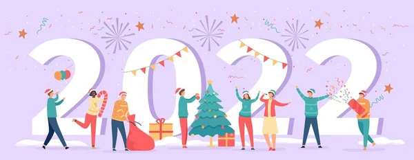 Feliz año nuevo 2022. Cartel con números y gente de fiesta celebrando víspera, árbol, regalos y bebidas. Invierno vacaciones resolución vector banner — Archivo Imágenes Vectoriales