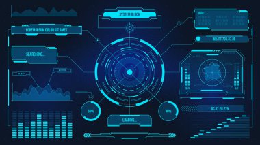Dijital kullanıcı arayüzü. Fütürist teknoloji UI ekranı. Oyun arabası ya da uzay gemisi gösterge paneli. Sanal panel vektör görüntüsünü analiz et veya kontrol et