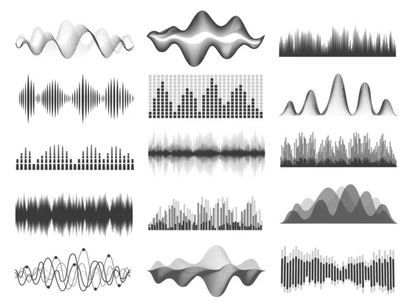 Ondas sonoras. Frecuencia de onda sonora de música gráfica. Líneas de pulso, ecualizador de radio, grabación de voz u onda de impulso. Reproductor de audio gráfico vector conjunto — Archivo Imágenes Vectoriales