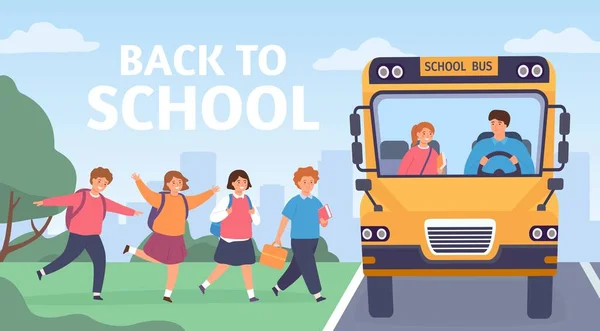 Çocuklar okula gidiyor. Bir grup ilkokul öğrencisi şoförlü otobüse biniyor. Çizgi film anaokulu çocukları okul konseptine dönüş yolculuğu — Stok Vektör