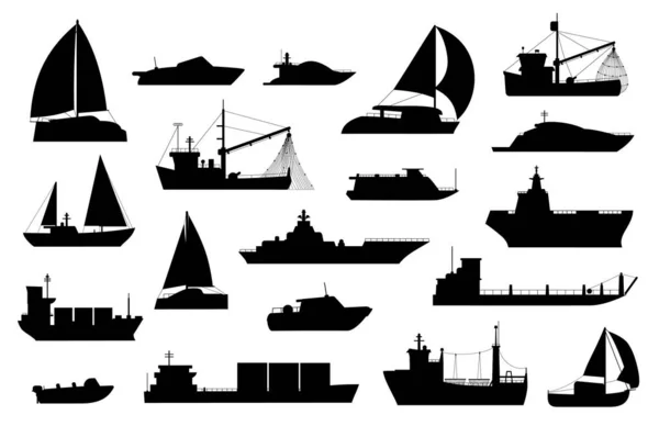 Silueta de barcos. Velero, barcaza, pesca y crucero, yate de mar, pasajeros y buques de carga iconos. Logotipo de transporte náutico vector conjunto — Vector de stock