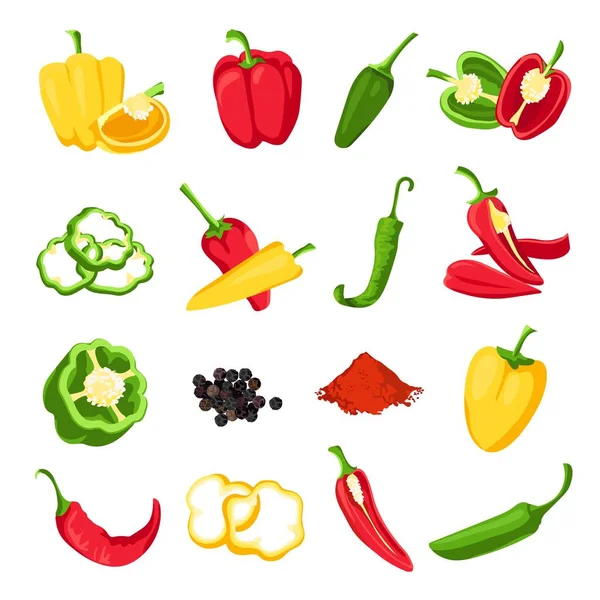 Pimienta y pimentón. Pimientos rojos, verdes y amarillos dulces, picantes y picantes. Jalapeño, pimiento, pimienta de cayena y chile para salsa, set de vectores — Vector de stock