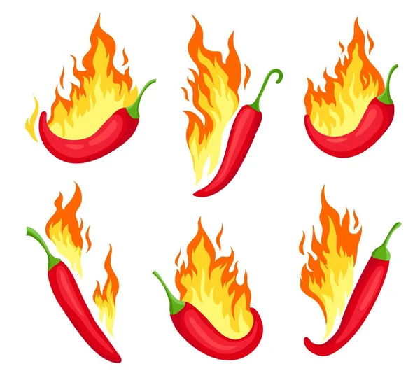 Chili en llamas. Pimientos rojos picantes de dibujos animados con llamas. Icono de la comida picante, emblema de la salsa mexicana o restaurante. Chile pimienta etiqueta vector conjunto — Vector de stock