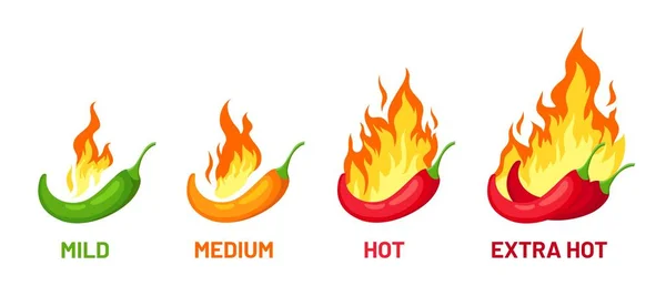 Würzige Chili-Waage. Pfeffer mit Feuer für Gewürzstärke mild, mittel und extra scharf für Sauce oder Lebensmitteletiketten, Logo und Speisekarte, Vektorset — Stockvektor