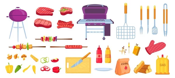 Cartoon grill et barbecue. Viande grillée, saucisses et légumes. Outils de cuisson, grille, couteau et brochette. Ensemble vectoriel de fête pique-nique Bbq — Image vectorielle