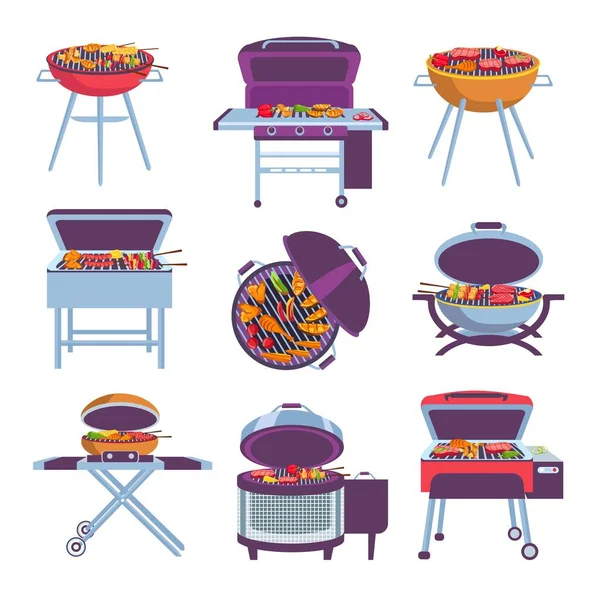 Parrillas de barbacoa de dibujos animados. Horno Bbq con freír carne, verduras, salchichas y pollo. Carbón móvil al aire libre brasero diseños vector conjunto — Vector de stock