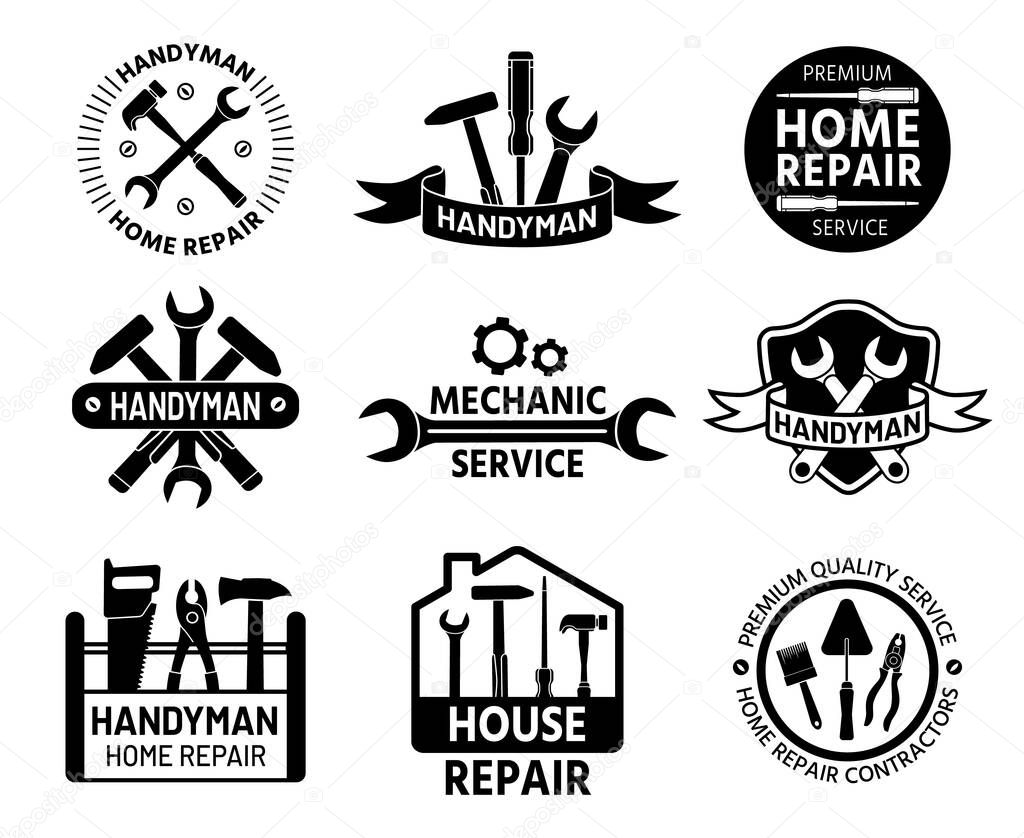 Handyman logo. Mechanic and home repair service logos with construction and handy tools, wrench and hammer. Builder company stamp vector set