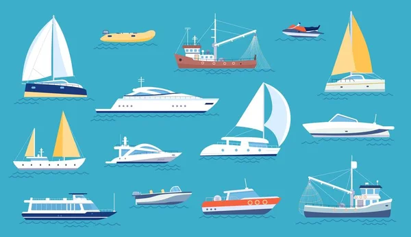 Yatlar ve yelkenliler. Küçük deniz taşımacılığı, sürat teknesi ve balıkçı gemisi. Düz deniz yat yarışı teknesi, yelkenli ya da motorlu okyanus gemisi, vektör seti. — Stok Vektör