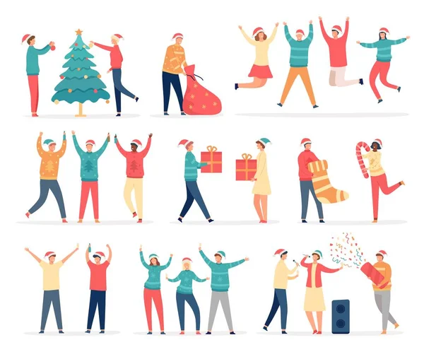 Les gens célèbrent joyeux Noël. Les amis et la famille à la fête du Nouvel An dansent, chantent, boivent, décorent l'arbre, tiennent des cadeaux et confettis ensemble vecteur — Image vectorielle